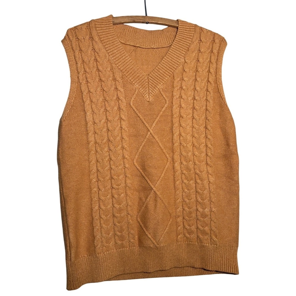 Cable Knit V-Neck Sweater Vest Ginger Brown Sleeveless Pullover Medium